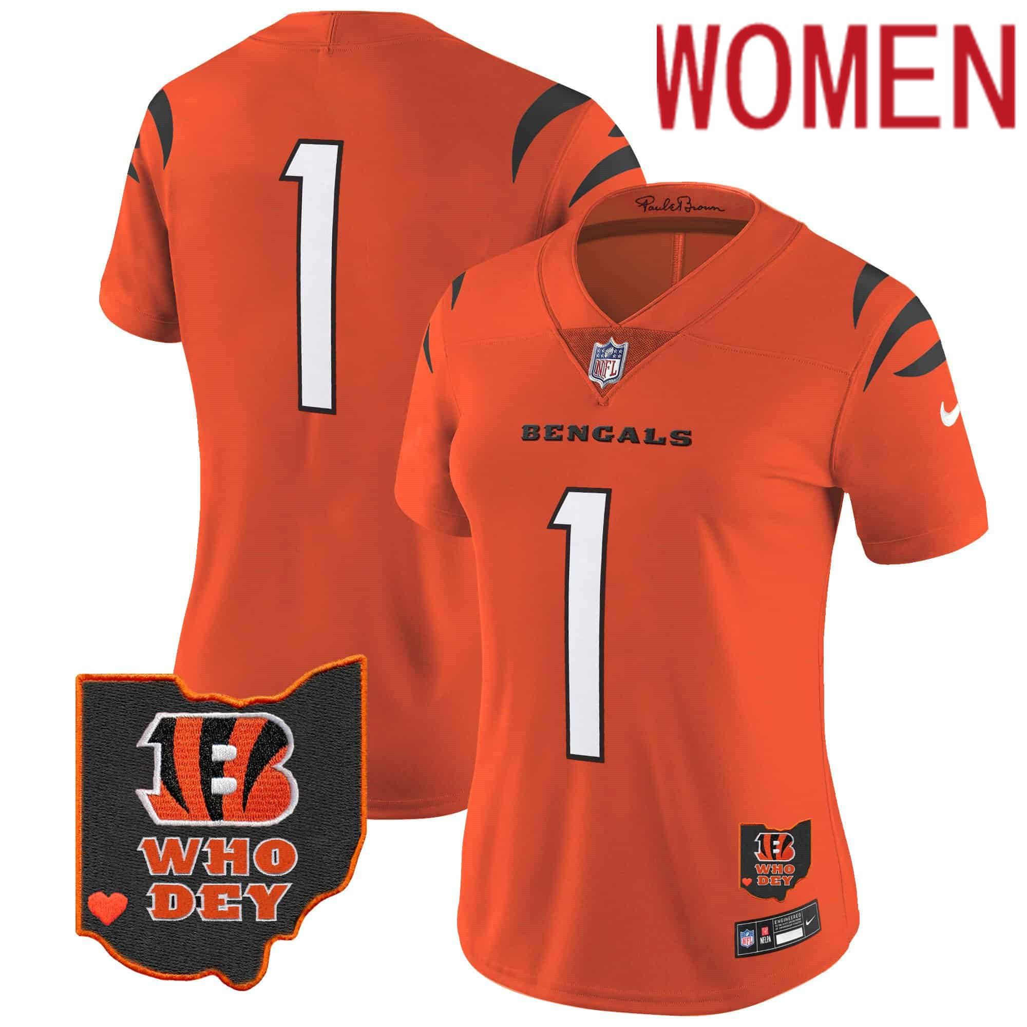 Women Cincinnati Bengals #1 Chase Orange 2024 Nike Patch Vapor Limited NFL Jersey style 1->women nfl jersey->Women Jersey